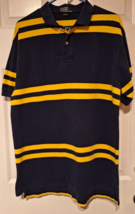 VTG Polo Ralph Lauren SS Shirt Mens L Polo Blue Yellow Striped Pony Logo Rugby - £9.33 GBP
