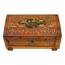 Vintage Wooden Carved Jewelry Trinket Box w Mirror &amp; Lock 10.75&quot; x 6.25&quot; x 4.25&quot; - £23.46 GBP