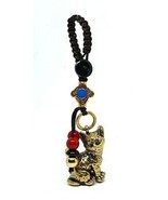 Cat Keyring Solid Brass Lanyard Chinese Bead Button Cord Purse Bag Charm - £6.99 GBP
