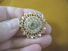 bb604-3) white rhinestone crystal ornate filigree flower gold tone brooch pin - $15.88