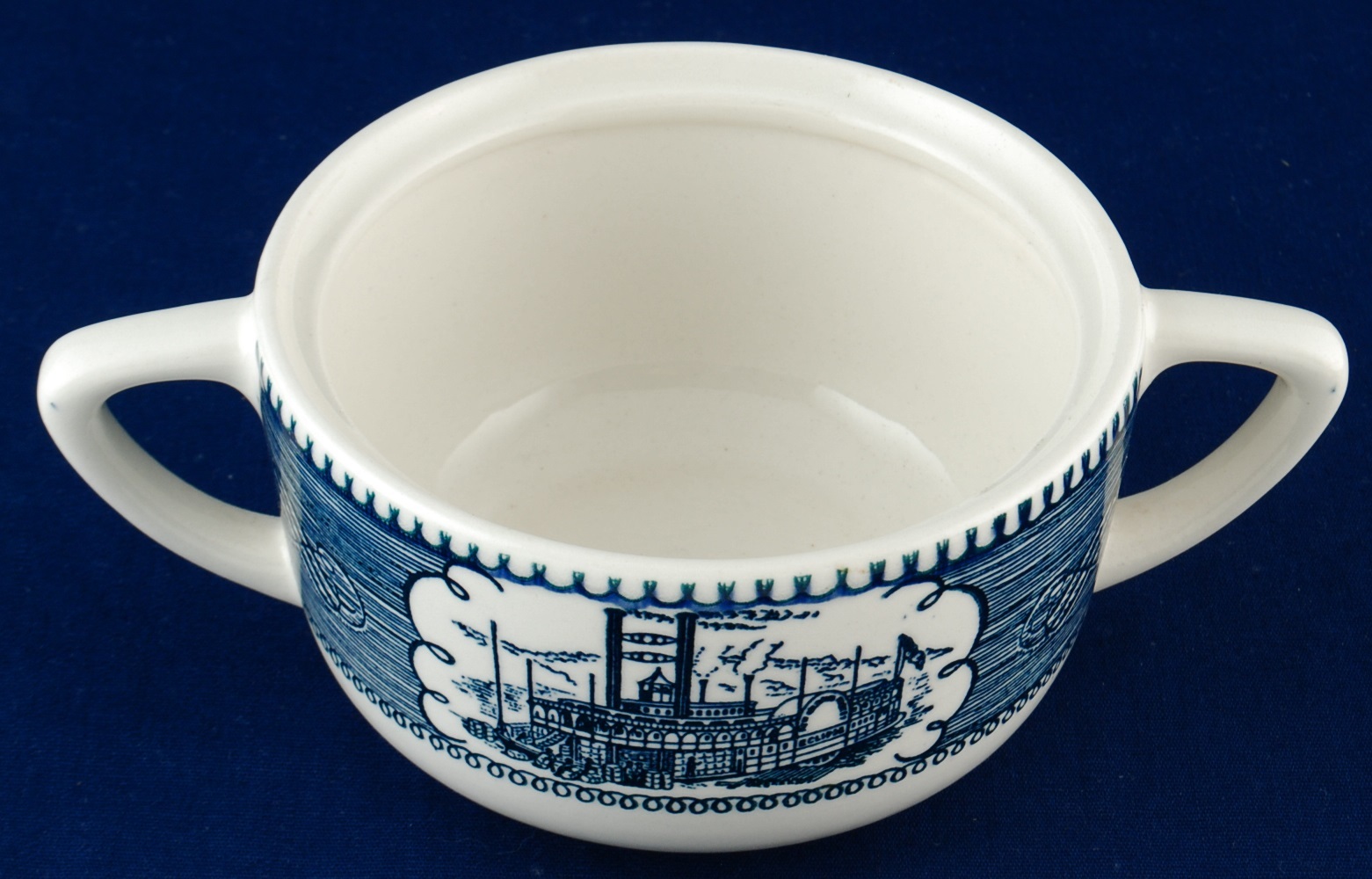 Royal China USA Currier & Ives Blue Sugar Bowl No Lid Paddle Wheel Boat Item image 2
