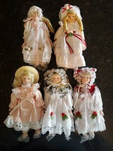 Vintage Lot Of 5 Porcelain Face Bisque Dolls With Bonnets Hats Dresses - £53.40 GBP