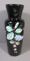 Black Glass Vase Hand Blown Hand Painted Flowers Green Leaves 6.5&quot; x 2&quot; Vintage - £10.09 GBP