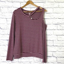 Poof! Women&#39;s size Small One Cold Shoulder L/S Round Neck Striped Knit Top Red - £17.68 GBP