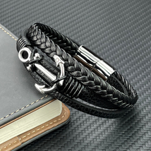 Fashion Charm Cross Men Bracelet Multilayer Leather Bracelet Punk Jewelry Stainl - £11.31 GBP