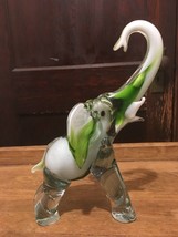 Vintage Art Glass Elephant Green and White Art Glass Elephant Trunk Up - £114.15 GBP