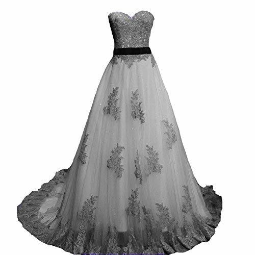 Vintage Gray Lace Long A Line Sweetheart White Prom Dress Wedding Gown US 14