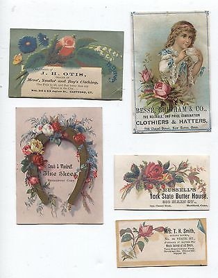 Primary image for Roses Flowers 5 Victorian Trade Cards Scraps Connecticut Shoes Clothes Butter