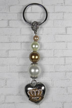 Heart Crown Glass Pearl Beaded Handmade Keychain Split Key Ring Ivory Go... - £14.82 GBP