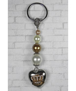 Heart Crown Glass Pearl Beaded Handmade Keychain Split Key Ring Ivory Go... - £14.88 GBP