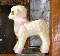 1940&#39;s Ceramic Lamb Planter, Hand Painted, 6&quot; Tall, Cream with Pink, Baby Gift - £9.48 GBP