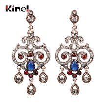 Free Shipping Ethnic Style Women Blue Turkish Earrings Antique Gold Crystal Flow - £7.23 GBP