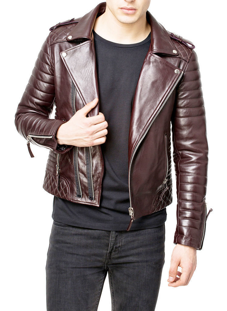 Men's Genuine Leather Quilted Motorcycle Jacket Slim fit Biker Jacket - FC - $109.99