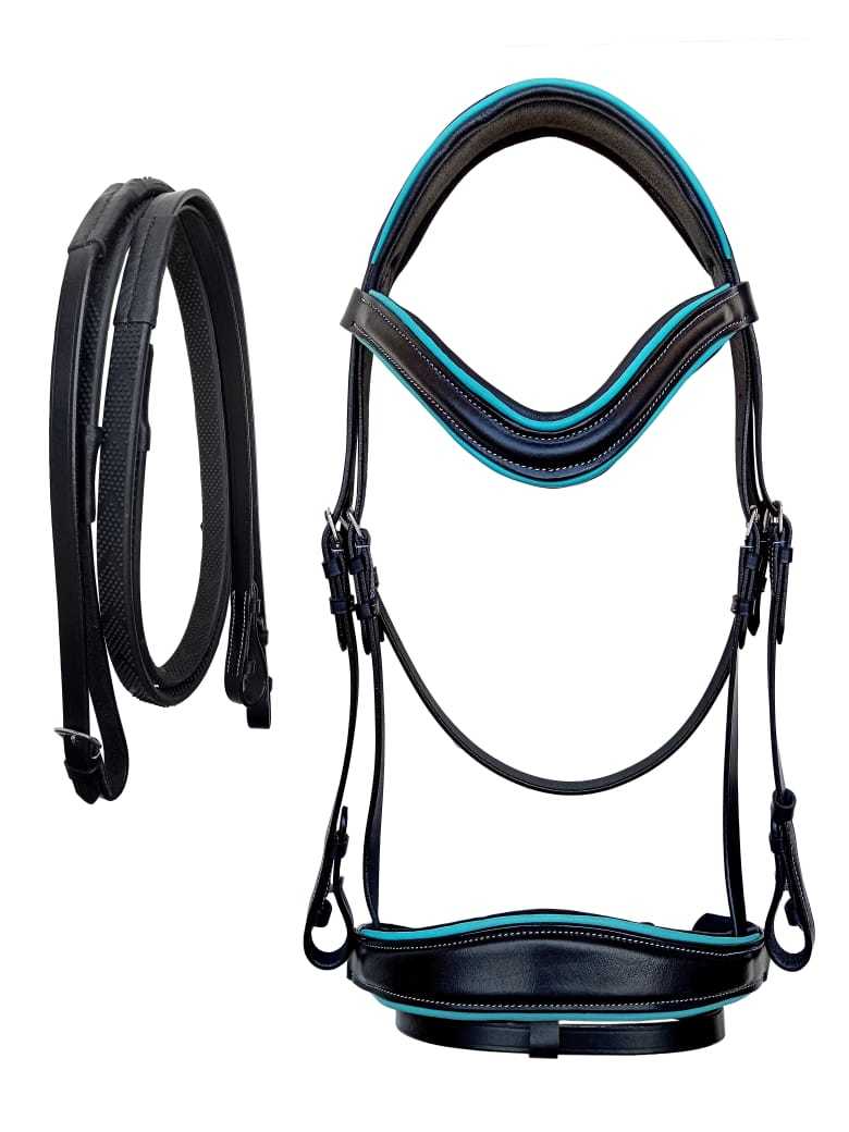 Horse Cob English All-Purpose Trail Black Leather Turquoise Bridle Reins - $54.99