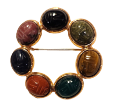 Scarab Brooch Pin Carved Stones Egyptian Revival Bug Gold Tone Setting 1 1/2&quot; - £12.57 GBP