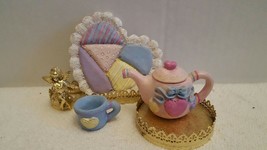 Adorable Vintage Miniature Resin Tea Set With Patchwork Quilt design Pin... - $14.99