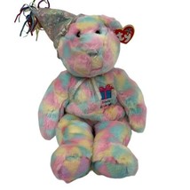 TY Beanie Buddy HAPPY BIRTHDAY Bear Pastel Ty-dyed 15.5&quot; Plush Stuffed 2003 - £15.76 GBP