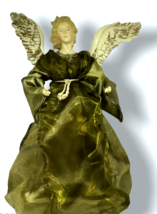 Victorian Christmas Angle Tree Topper Sage Green Lame Organza Gown Gold Wings LG - £20.18 GBP