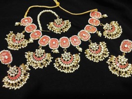 Gold Plated Necklace Meena Kundan Earring Tikka Orange Bollywood Jewelry Set - $44.00