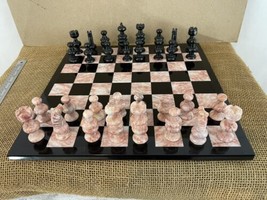 Hand Carved Onyx Marble Black Pink Stone Chess Pieces Heavy 14&quot; Board Set - £101.27 GBP