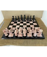 Hand Carved Onyx Marble Black Pink Stone Chess Pieces Heavy 14&quot; Board Set - £100.42 GBP