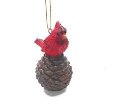 Midwest Red Cardinal Christmas Ornament  on a Brown Pine Cone Resin Real... - $10.45