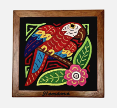 Framed Panama Kuna Mola Parrot Bird Folk Art Indian Handmade Textile 7.5&quot; Vintag - £26.30 GBP