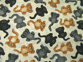 Cotton Fabric Remnant Kitty Cats Grey Tan Black 46.5&quot; x 36.75&quot; - $16.44