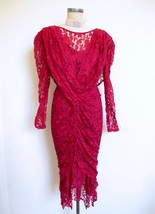 Vintage 80s Valentine Red Lace Draped Ruched Cocktail Dress XS Midi Retr... - $89.99
