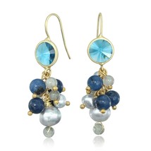 Elegant Shine Blue Agate, Gray Pearls, and Crystal Gold-Plated Dangle Earrings - £15.25 GBP