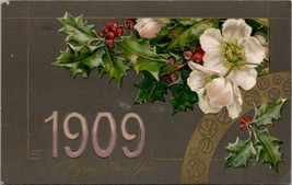 New Year Greeting 1909 Beautiful Flowers Hollyberry Gild Winsch Back Postcard Z1 - £7.15 GBP