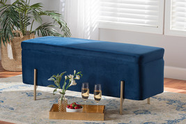 Abigail Navy Blue Velvet Fabric Gold Finished Metal Storage Bench - $2,968.15 MXN