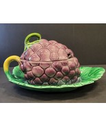 French Majolica Jam Pot Beautiful Majolica Palissy Large Jam Jelly Pot - $173.25