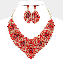 Red Gold Crystal Rhinestone  Necklace Bib Collar Pendant Earring Set - $75.00