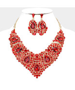 Red Gold Crystal Rhinestone  Necklace Bib Collar Pendant Earring Set - £59.95 GBP