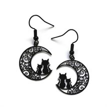 Black Moon Earrings Cat Crescent Filigree Witchy Gothic Jewelry Cat Lover Gift F - £8.26 GBP