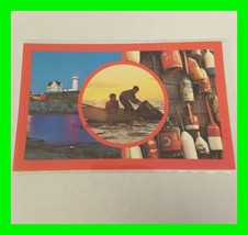 Vintage Maine Fishing And Lighthouse Scene Vacationland Postcard - £7.98 GBP