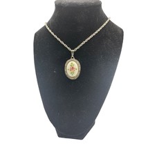 Vintage Ceramic Floral Oval Pendant on Silver Chain 24 inch - £10.51 GBP