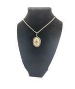 Vintage Ceramic Floral Oval Pendant on Silver Chain 24 inch - £10.36 GBP