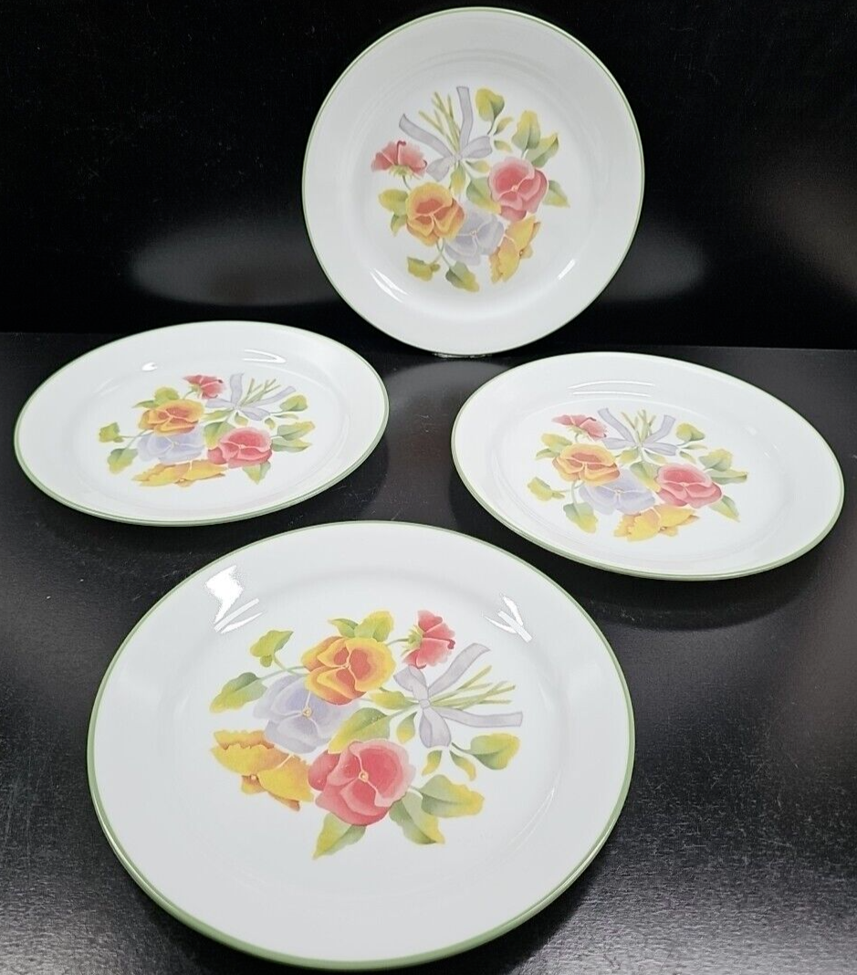 Primary image for 4 Corelle Summer Blush Luncheon Plates Set Corelle Pink Yellow Pansies Dish Lot