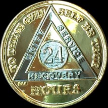 24 Hours Gold Plated AA Alcoholics Anonymous Medallion Bi-Plate Sobriety... - $17.33