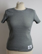 CK Calvin Klein Jeans M Black &amp; White Striped Rib Knit Short Sleeve Top Shirt - £20.43 GBP