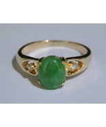 3.0 grams 18k Yellow Gold Oval Green Jade &amp; Diamonds Women&#39;s Ring Size 5.25 - £651.94 GBP