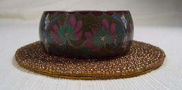 Vintage Wide Cloisonne Floral Bangle Bracelet Slip On NO Clasp Brass Interior - £199.89 GBP