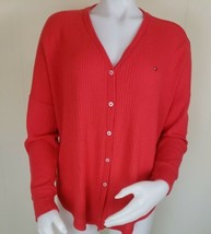 Tommy Hilfiger Cardigan Womens M Red Waffle Knit V-Neck Lightweight Long... - £10.19 GBP