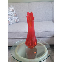 MCM Large L E Smith Vase, Red Stretch Swung, Ribbed Clear Rim, 19-7/8&quot; - £208.89 GBP