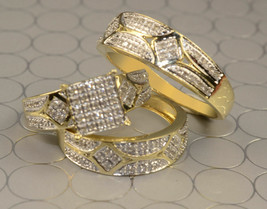 2.84Ct Round Real Moissanite Bridal Band Trio Ring Set 14K Yellow Gold Plated  - £292.40 GBP