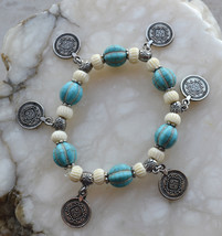 Turquoise bracelet, coins bracelet, elastic turquoise bracelet (B365) - £10.55 GBP