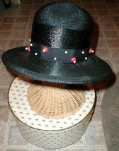 Hat straw ladies with Wood beads Chesterfield VINTAGE with BONUS Antique Brooch - £58.85 GBP