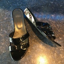 Stuart Weitzman Black Patent Leather Mosaic Glass Wedge Heel Slide Sandal Size 9 - £71.58 GBP